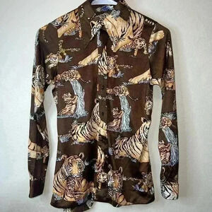 Vintage 70s Disco Mod Tiger All Over Art Cat Print Miami Brown Button Shirt